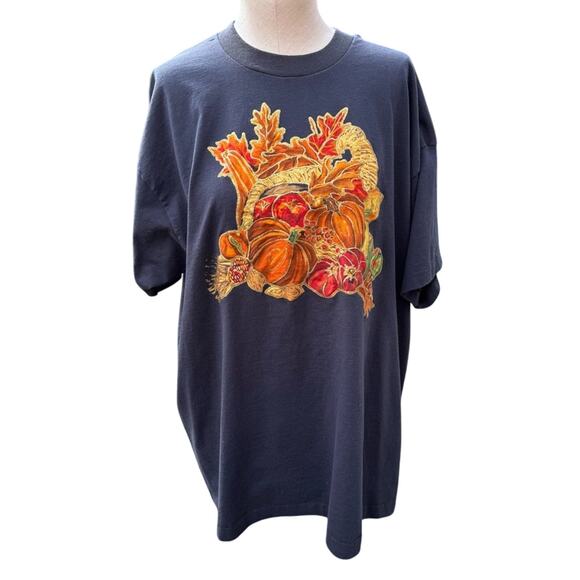 Vtg Autumn Fall Thanksgiving Best Fruit of the Loom Black USA T-Shirt XXL *Flaw* - Picture 1 of 12